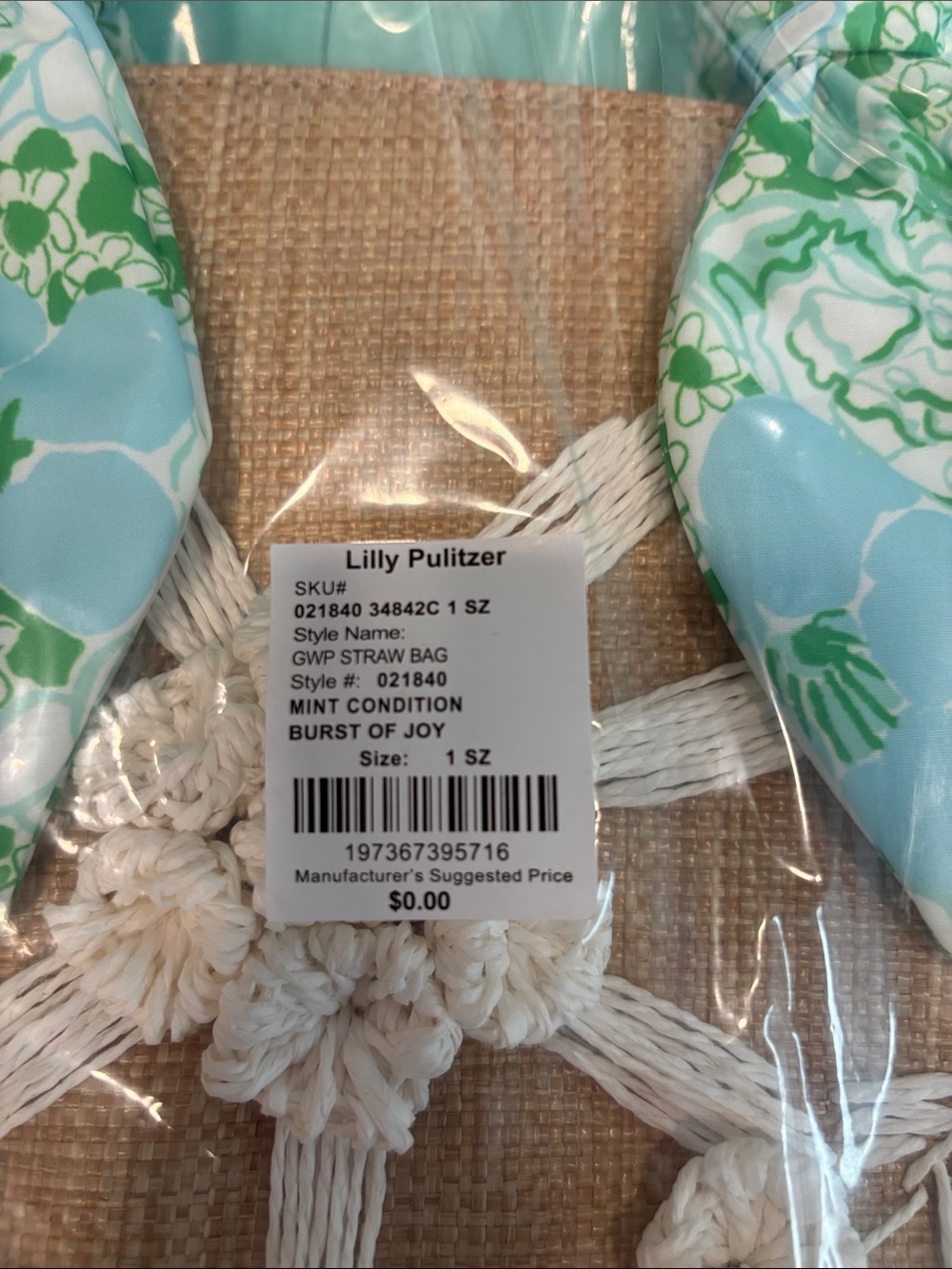 GWP Lilly Pulitzer Natural Straw Tote with Blue-Green Floral Handles - Picture 2 of 3